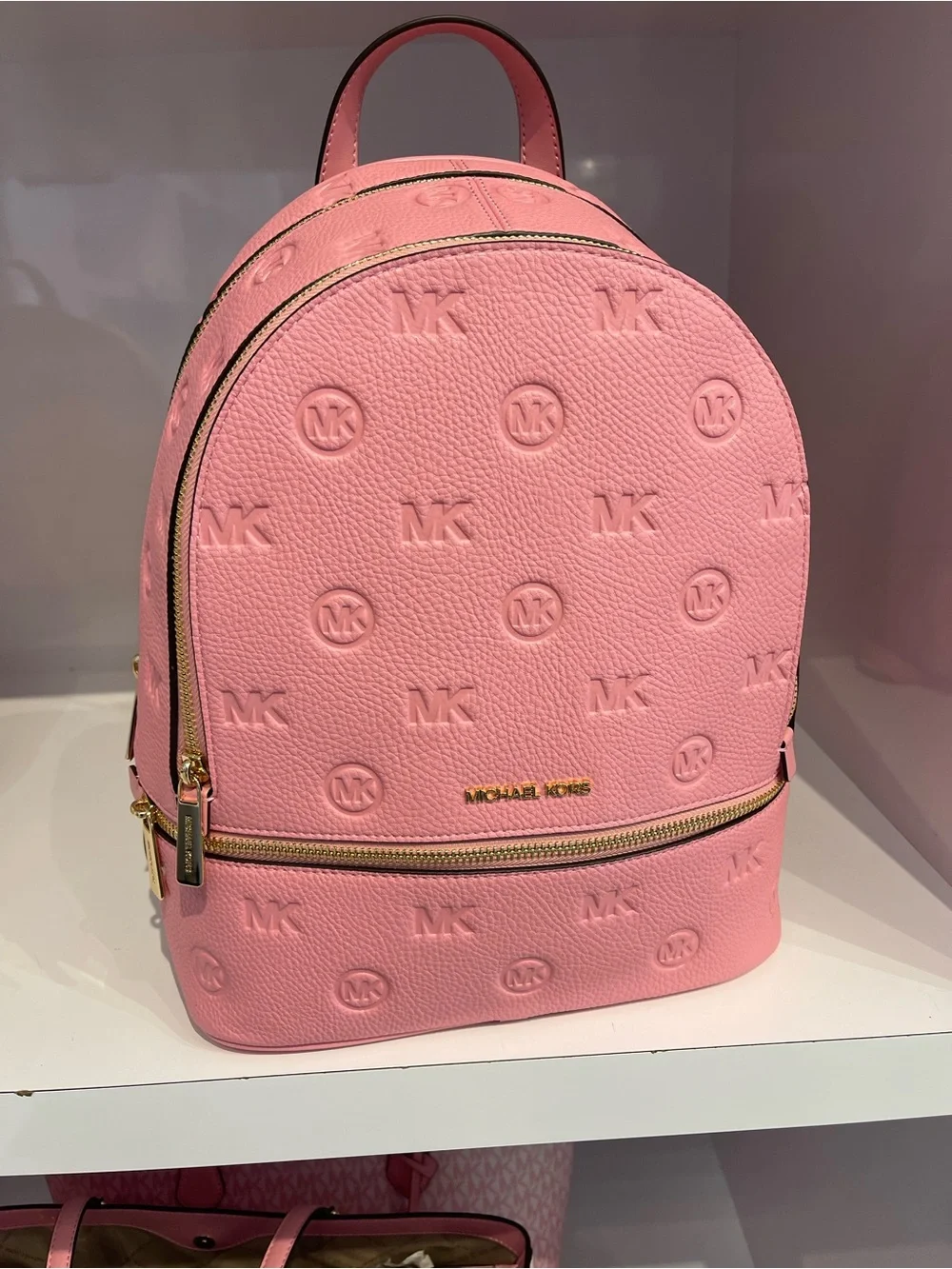 Michael Kors Rhea Medium Zip MK Logo Debossed Backpack Carnation NWT